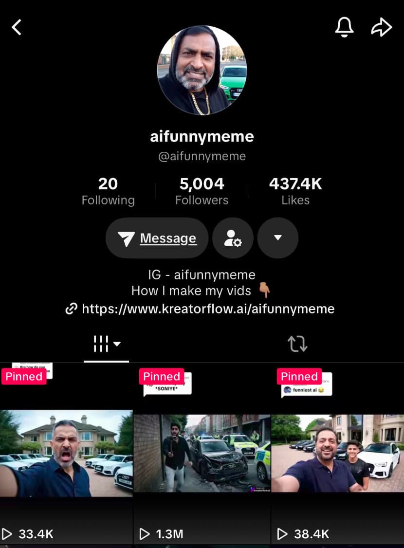 @aifunnymeme TikTok — 5,004 followers, 437.4K likes, links to kreatorflow.ai