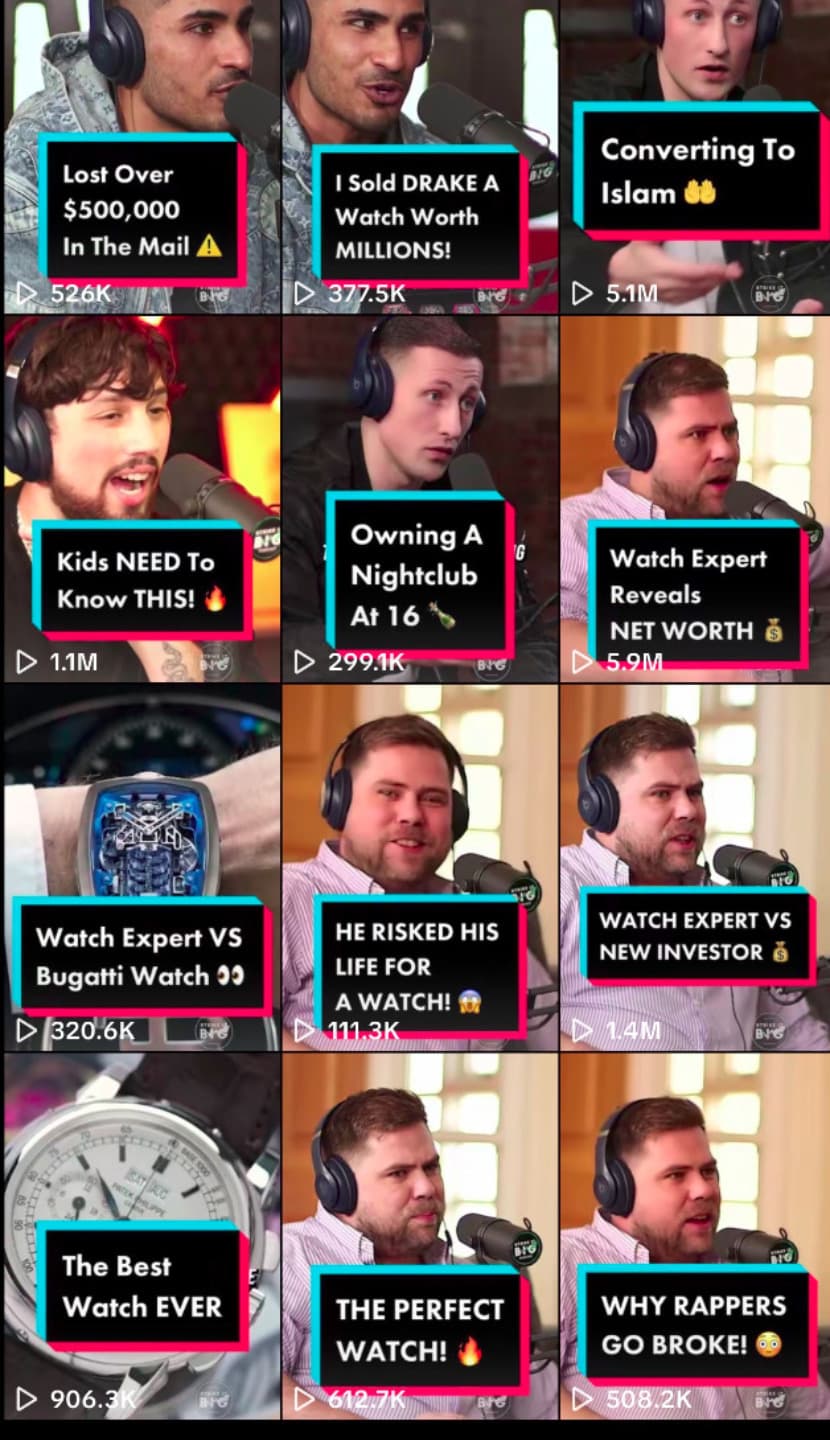 Strike It Big Instagram grid — 3.3M, 1.8M, 1.3M views